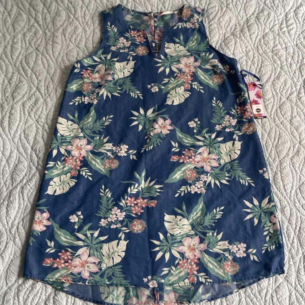 SLEEVELESS FLORAL CHAMBRAY MIDI SHIFT DRESS